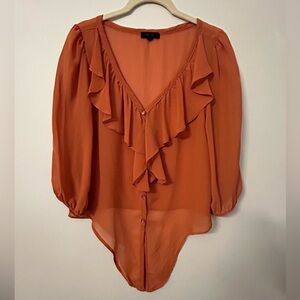 MINE orange Sheer Blouse Top with Ruffle Collar Large